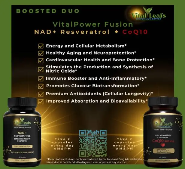 [UPC-735380425609] VitalPower Fusion | Suplemento antienvejecimiento con NAD+, resveratrol, coenzima Q10 y 18 supernutrientes | Energía celular, salud cardiovascular, antiinflamatorio, longevidad | 60 cápsulas | Vital Leafs