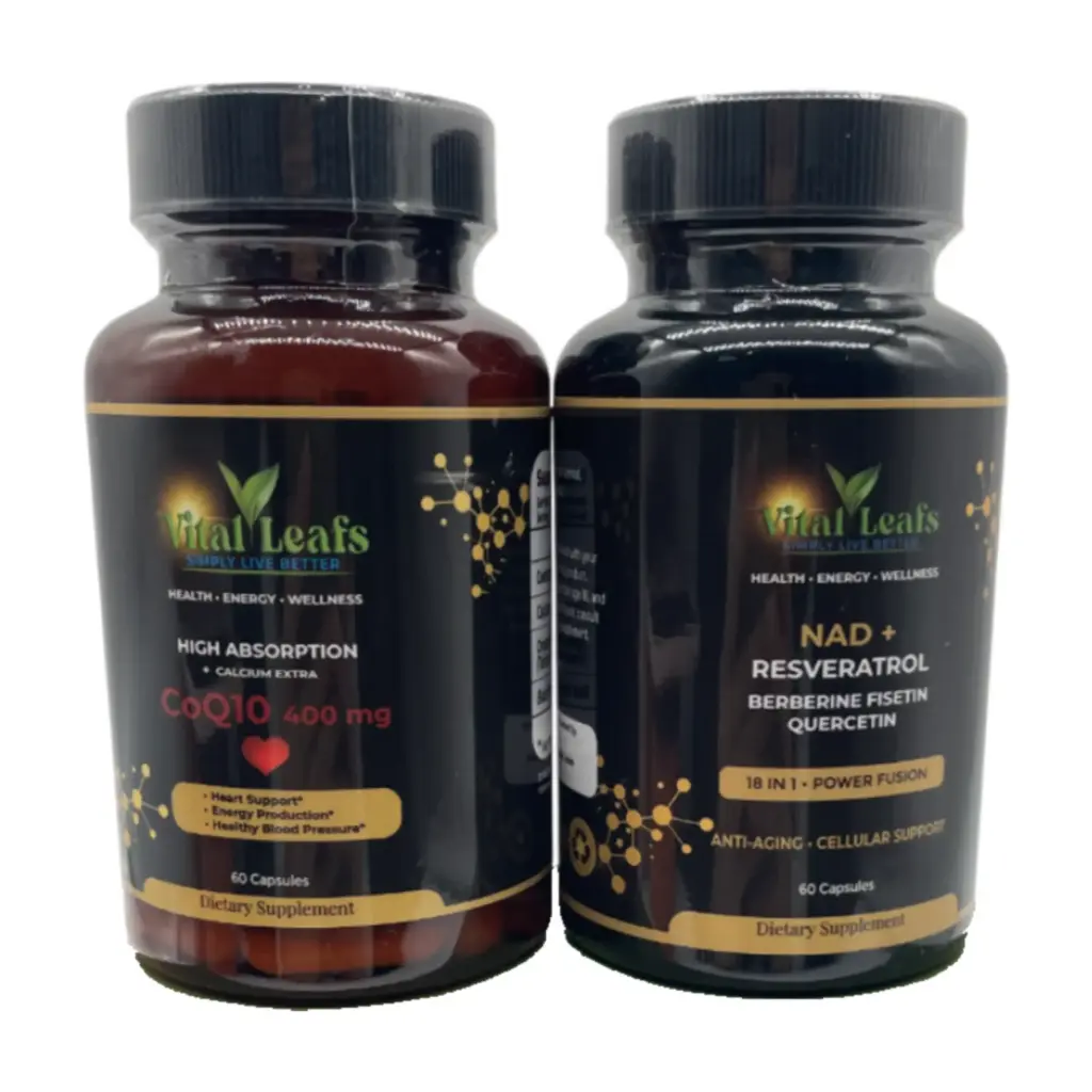 [UPC: 860015316806] Vital Leafs NAD+ Liposomal 300 mg con Resveratrol, CoQ10 y Berberina | Paquete avanzado para la longevidad | Fisetina, Quercetina y Vitamina D3 K2 | Energía celular y apoyo contra el envejecimiento | 2 frascos, 120 cápsulas