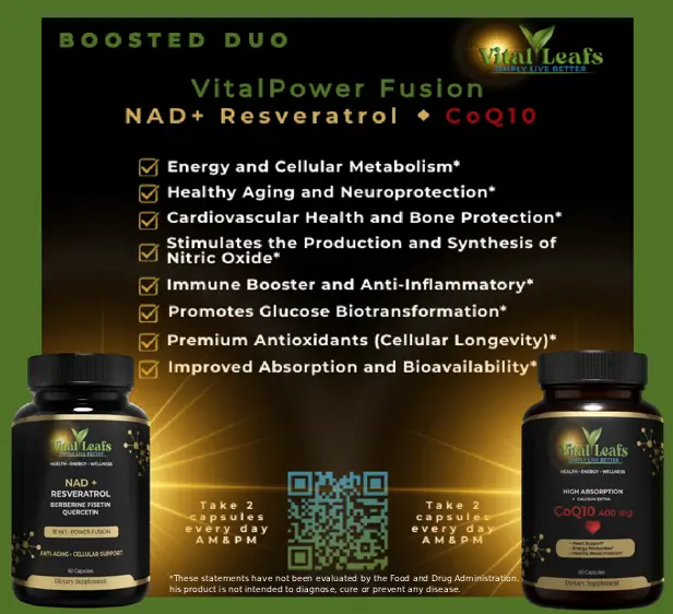 VitalPower Fusion | Suplemento Antienvejecimiento con NAD+, Resveratrol, CoQ10 and 18 Supernutrientes | Energía Celular, Corazón y Salud Cardiovascular, Anti-inflamatorio y Longevidad |60 Cápsulas|Vital Leafs