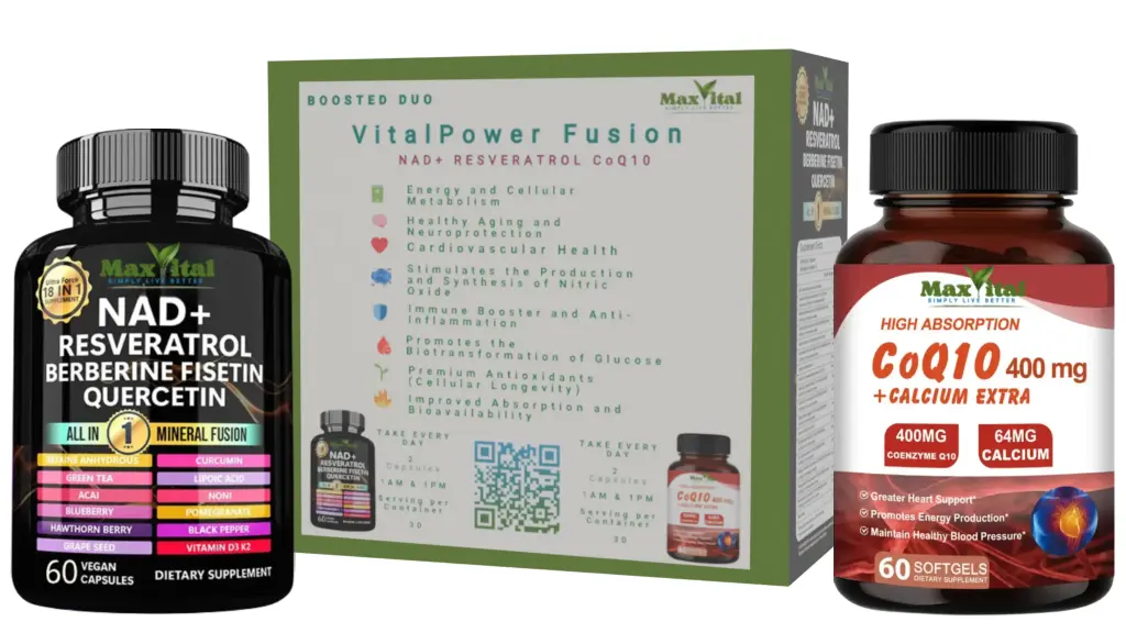 [UPC-735380425609] VitalPower Fusion | Suplemento Antienvejecimiento con NAD+, Resveratrol, CoQ10 and 18 Supernutrientes | Energía Celular, Corazón y Salud Cardiovascular, Anti-inflamatorio y Longevidad |60 Cápsulas|MaxVital