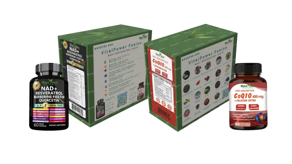 [UPC-735380425609] VitalPower Fusion | Suplemento Antienvejecimiento con NAD+, Resveratrol, CoQ10 y 18 Supernutrientes | Energía Celular, Corazón Saludable y Longevidad | 60 Cápsulas de cada Suplement | MaxVital®